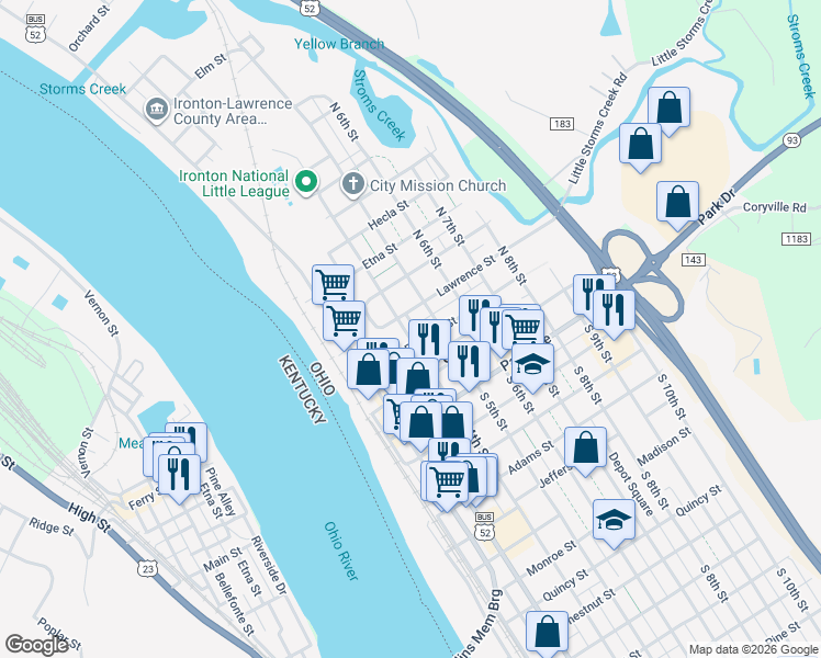 map of restaurants, bars, coffee shops, grocery stores, and more near 401 Railroad Street in Ironton