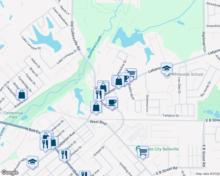 map of restaurants, bars, coffee shops, grocery stores, and more near 1825 Lebanon Avenue in Belleville