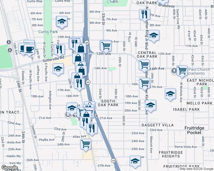 map of restaurants, bars, coffee shops, grocery stores, and more near 4050b Temple Avenue in Sacramento