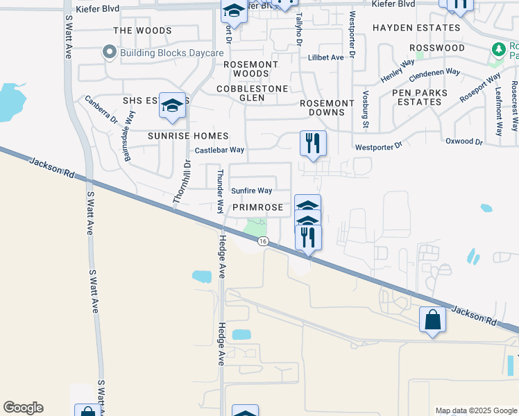 map of restaurants, bars, coffee shops, grocery stores, and more near 9210 Sunfire Way in Sacramento