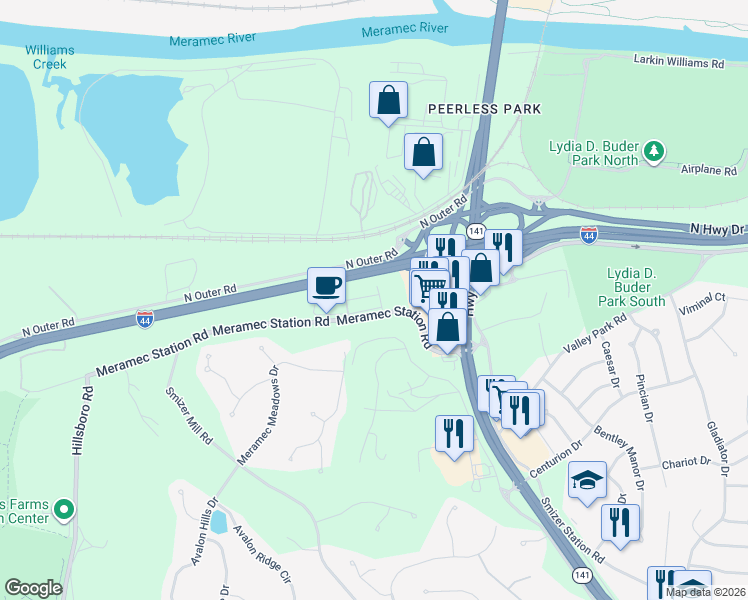 map of restaurants, bars, coffee shops, grocery stores, and more near 91 Kaiman Lane in Valley Park