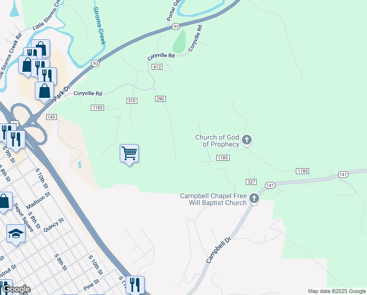 map of restaurants, bars, coffee shops, grocery stores, and more near 303 Township Road 290 in Ironton