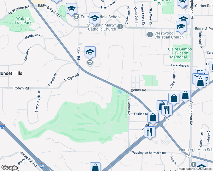 map of restaurants, bars, coffee shops, grocery stores, and more near 4169 South Lindbergh Boulevard in St. Louis