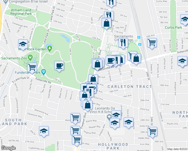 map of restaurants, bars, coffee shops, grocery stores, and more near Freeport Boulevard & 15th Avenue in Sacramento
