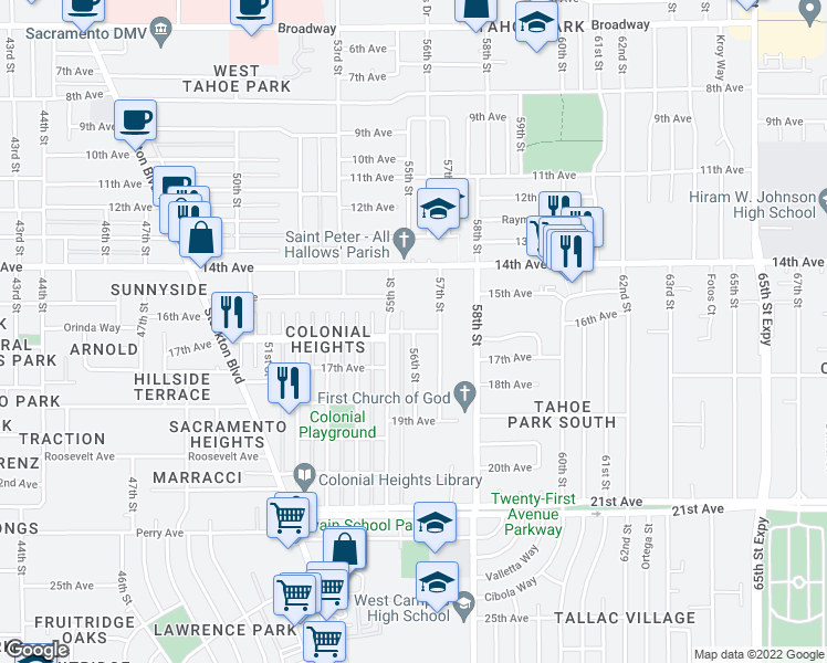 map of restaurants, bars, coffee shops, grocery stores, and more near 56th Street & San Francisco Boulevard in Sacramento