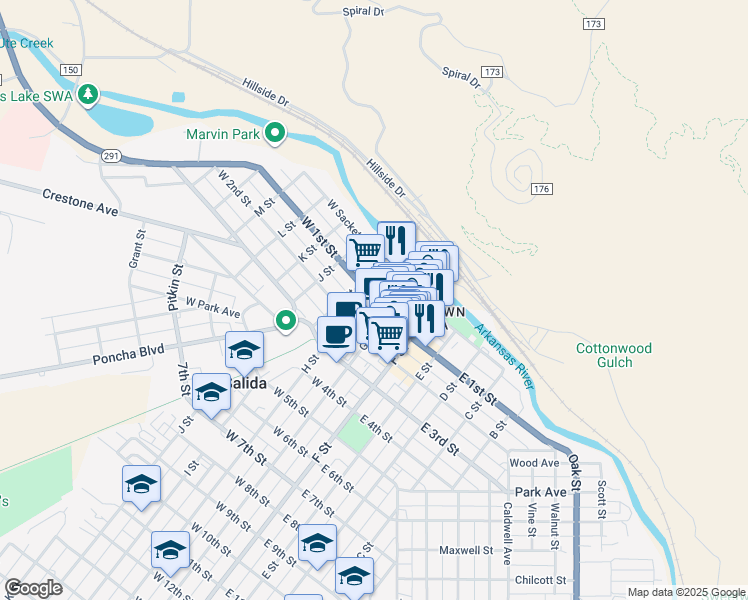 map of restaurants, bars, coffee shops, grocery stores, and more near 341 West Sackett Avenue in Salida