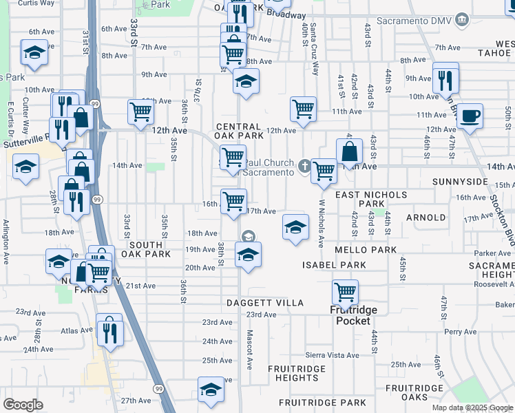 map of restaurants, bars, coffee shops, grocery stores, and more near in Sacramento