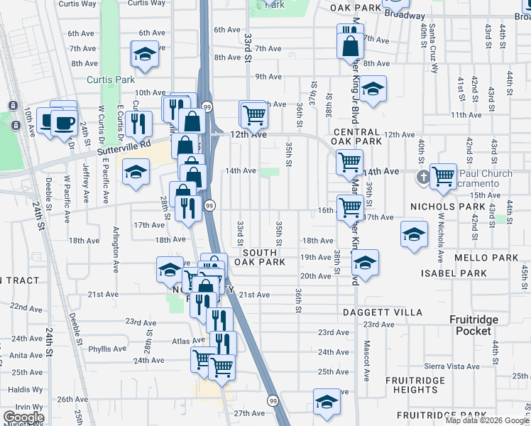 map of restaurants, bars, coffee shops, grocery stores, and more near 4050b Temple Avenue in Sacramento