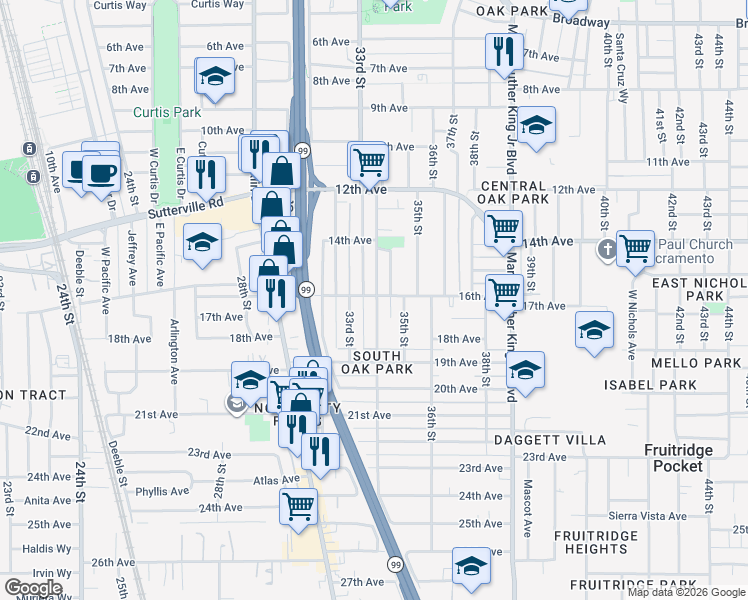 map of restaurants, bars, coffee shops, grocery stores, and more near 4050b Temple Avenue in Sacramento