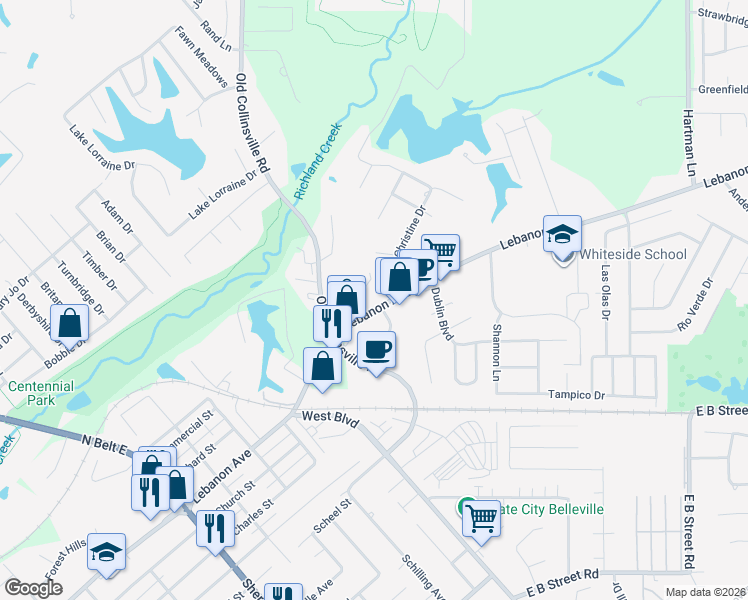 map of restaurants, bars, coffee shops, grocery stores, and more near 1825 Lebanon Avenue in Belleville