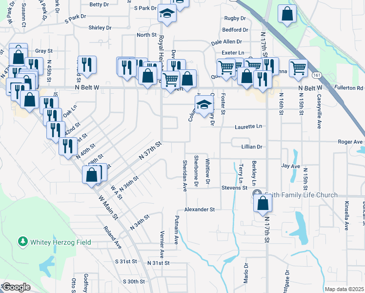map of restaurants, bars, coffee shops, grocery stores, and more near 4018 Gentry Lane in Belleville