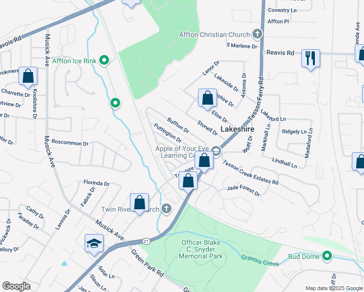 map of restaurants, bars, coffee shops, grocery stores, and more near 10064 Puttington Drive in St. Louis