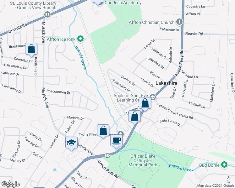 map of restaurants, bars, coffee shops, grocery stores, and more near 10153 Squire Meadows Drive in St. Louis