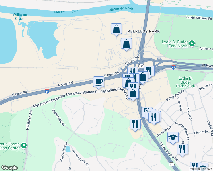 map of restaurants, bars, coffee shops, grocery stores, and more near Interstate 44 in Valley Park