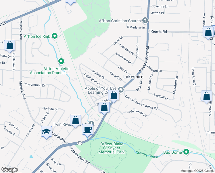 map of restaurants, bars, coffee shops, grocery stores, and more near 10033 Puttington Drive in St. Louis