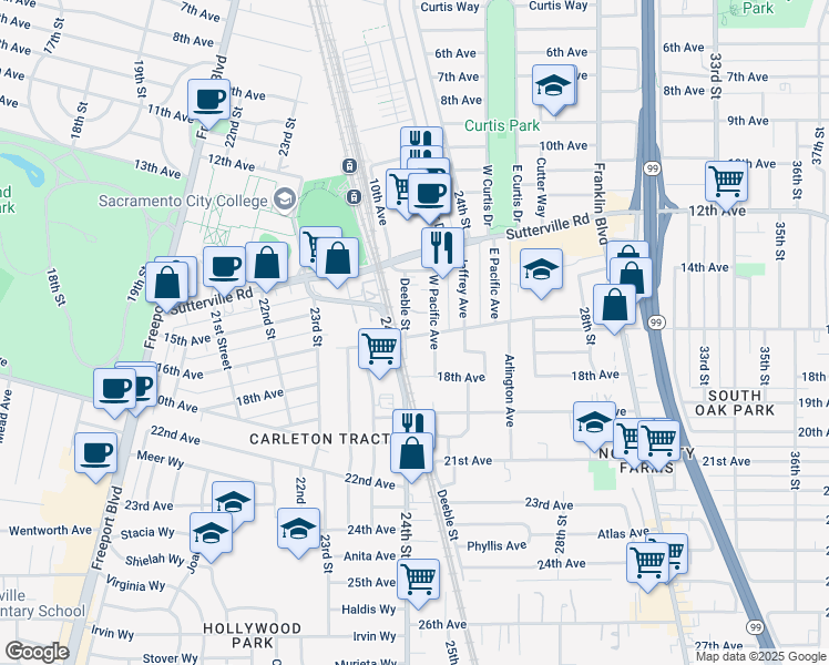 map of restaurants, bars, coffee shops, grocery stores, and more near 4080 Deeble Street in Sacramento