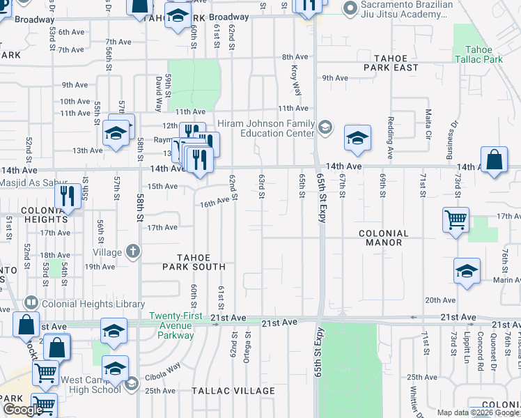 map of restaurants, bars, coffee shops, grocery stores, and more near 4148 63rd Street in Sacramento