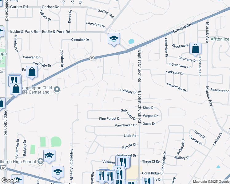 map of restaurants, bars, coffee shops, grocery stores, and more near 11114 Torigney Drive in Sappington