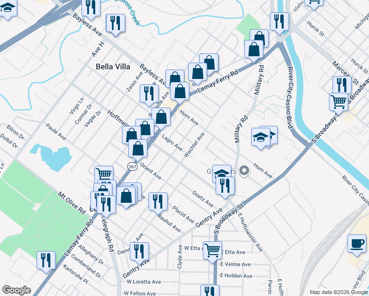 map of restaurants, bars, coffee shops, grocery stores, and more near 611 Lagro Avenue in St. Louis