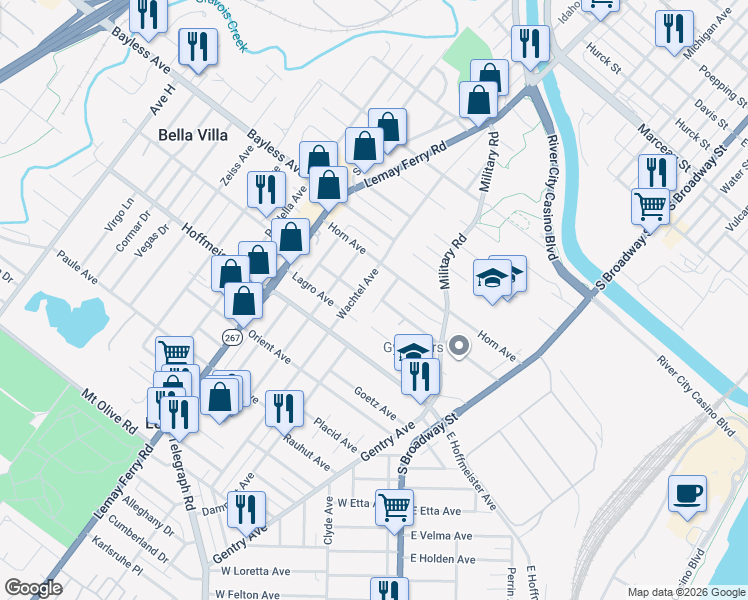 map of restaurants, bars, coffee shops, grocery stores, and more near 601 Weiss Avenue in St. Louis