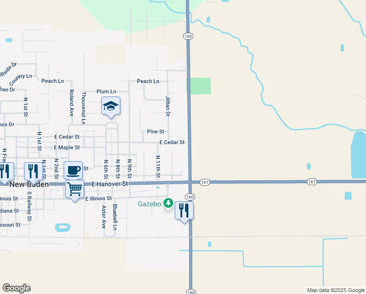 map of restaurants, bars, coffee shops, grocery stores, and more near 7932 Illinois 160 in New Baden