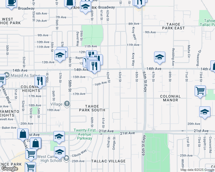 map of restaurants, bars, coffee shops, grocery stores, and more near 4041 62nd Street in Sacramento