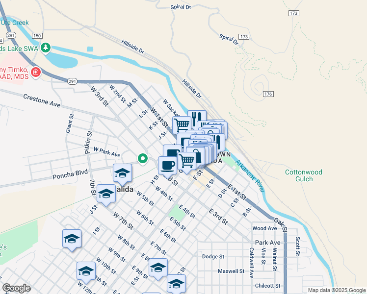 map of restaurants, bars, coffee shops, grocery stores, and more near 341 West Sackett Avenue in Salida
