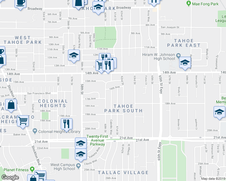map of restaurants, bars, coffee shops, grocery stores, and more near 6061 16th Avenue in Sacramento