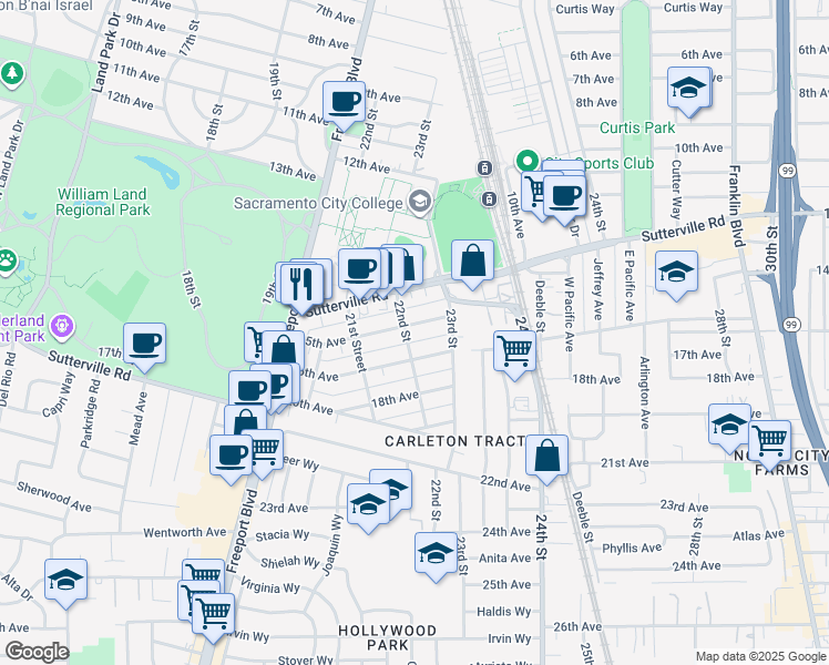 map of restaurants, bars, coffee shops, grocery stores, and more near 2213 15th Avenue in Sacramento