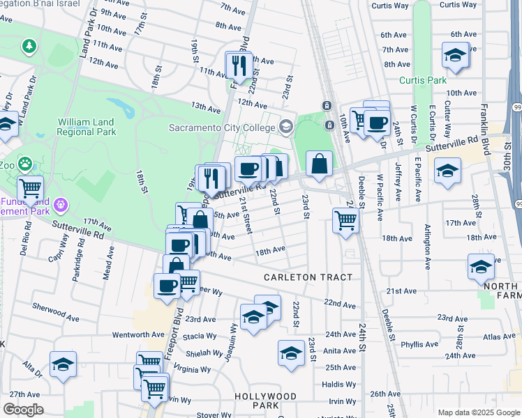 map of restaurants, bars, coffee shops, grocery stores, and more near 2117 15th Avenue in Sacramento
