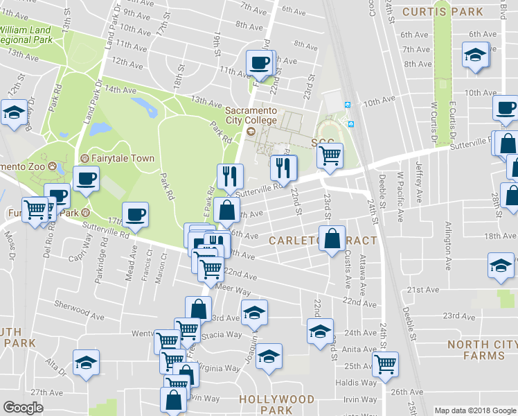 map of restaurants, bars, coffee shops, grocery stores, and more near 2076 Sutterville Road in Sacramento