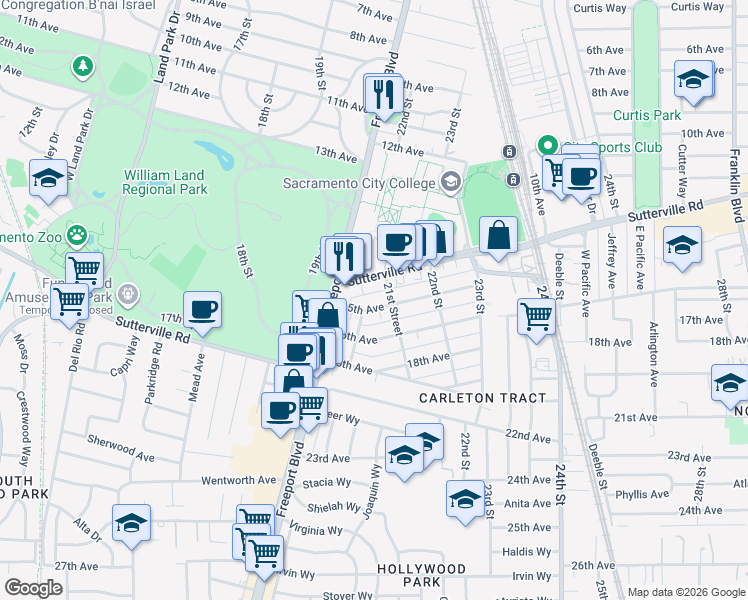 map of restaurants, bars, coffee shops, grocery stores, and more near 2076 Sutterville Road in Sacramento
