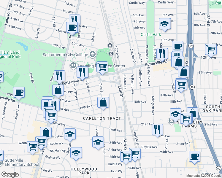 map of restaurants, bars, coffee shops, grocery stores, and more near 4080 24th Street in Sacramento