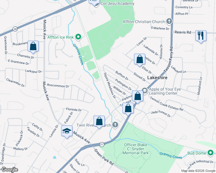 map of restaurants, bars, coffee shops, grocery stores, and more near 10144 Squire Meadows Drive in St. Louis