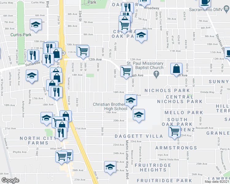 map of restaurants, bars, coffee shops, grocery stores, and more near 38th Street & 16th Avenue in Sacramento