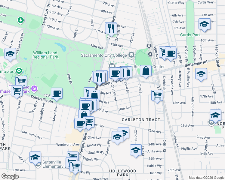 map of restaurants, bars, coffee shops, grocery stores, and more near 4080 21st Street in Sacramento