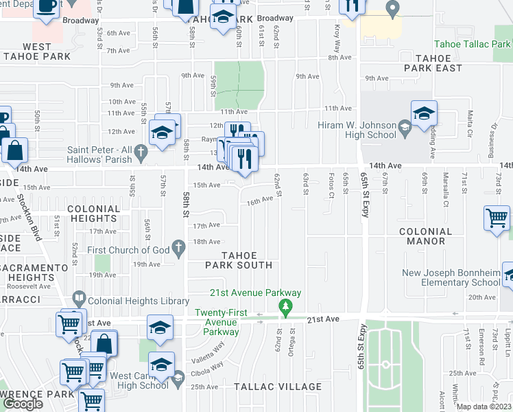 map of restaurants, bars, coffee shops, grocery stores, and more near 6061 16th Avenue in Sacramento