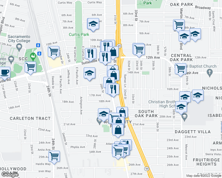 map of restaurants, bars, coffee shops, grocery stores, and more near Franklin Blvd & 16th Ave in Sacramento