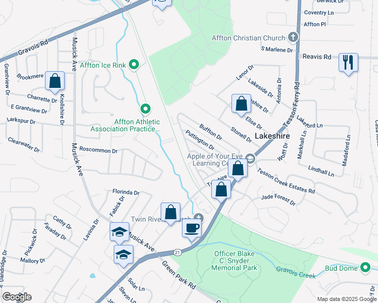 map of restaurants, bars, coffee shops, grocery stores, and more near 10150 Squire Meadows Drive in Saint Louis