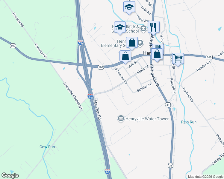 map of restaurants, bars, coffee shops, grocery stores, and more near 1407 Mount Zion Road in Henryville
