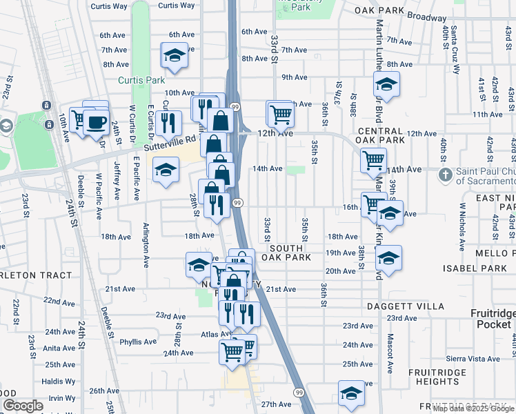 map of restaurants, bars, coffee shops, grocery stores, and more near 32nd Street & 16th Avenue in Sacramento