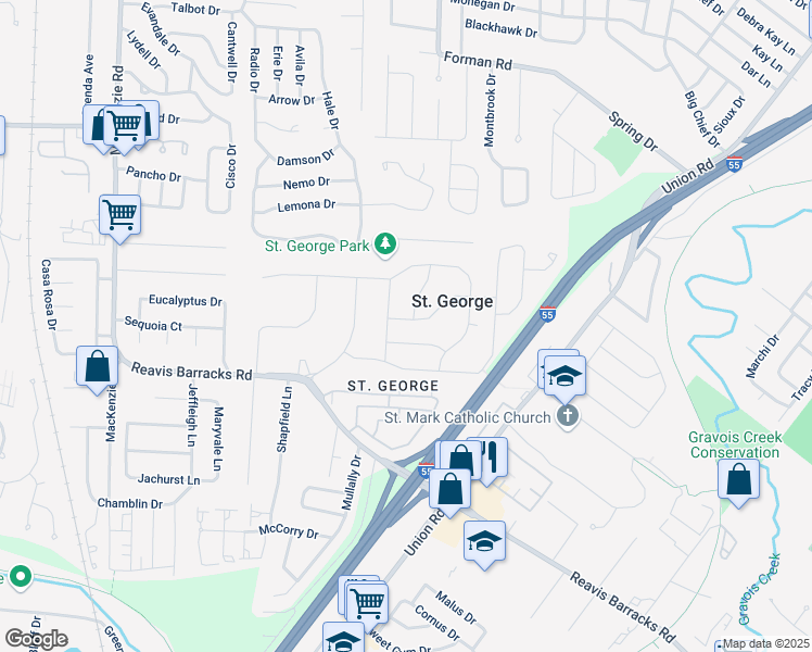 map of restaurants, bars, coffee shops, grocery stores, and more near 9001 Blackpool Drive in St. Louis
