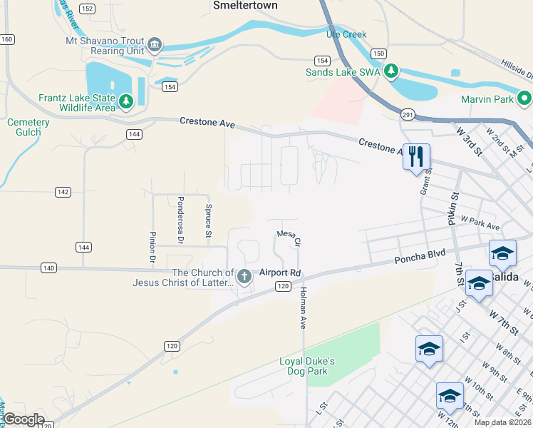 map of restaurants, bars, coffee shops, grocery stores, and more near 244 Mesa Court in Salida
