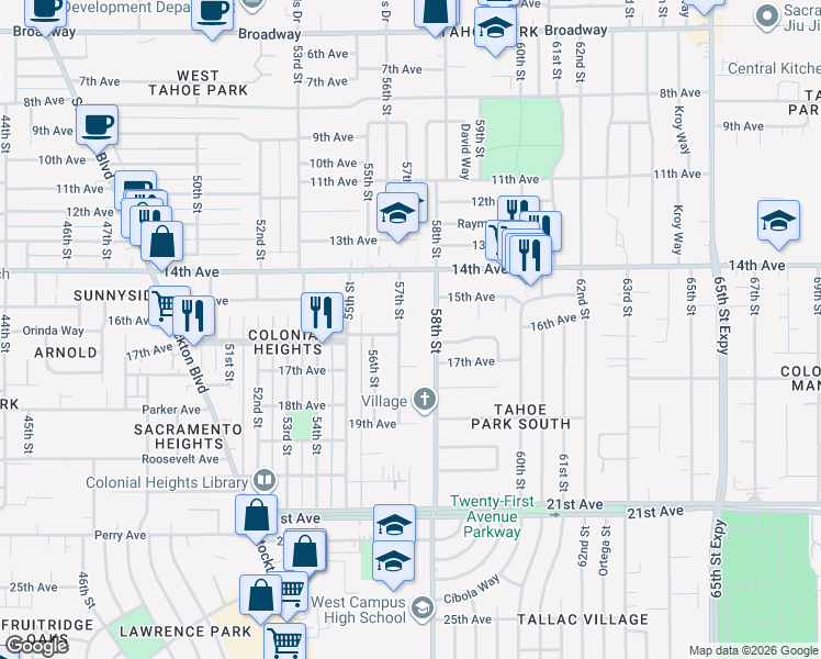 map of restaurants, bars, coffee shops, grocery stores, and more near 4041 57th Street in Sacramento