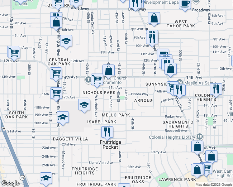map of restaurants, bars, coffee shops, grocery stores, and more near 4011 43rd Street in Sacramento