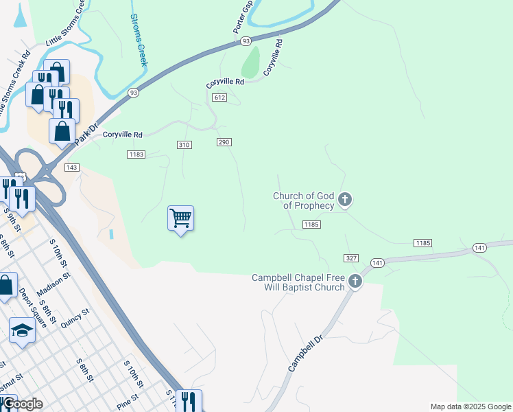 map of restaurants, bars, coffee shops, grocery stores, and more near 303 Township Road 290 in Ironton