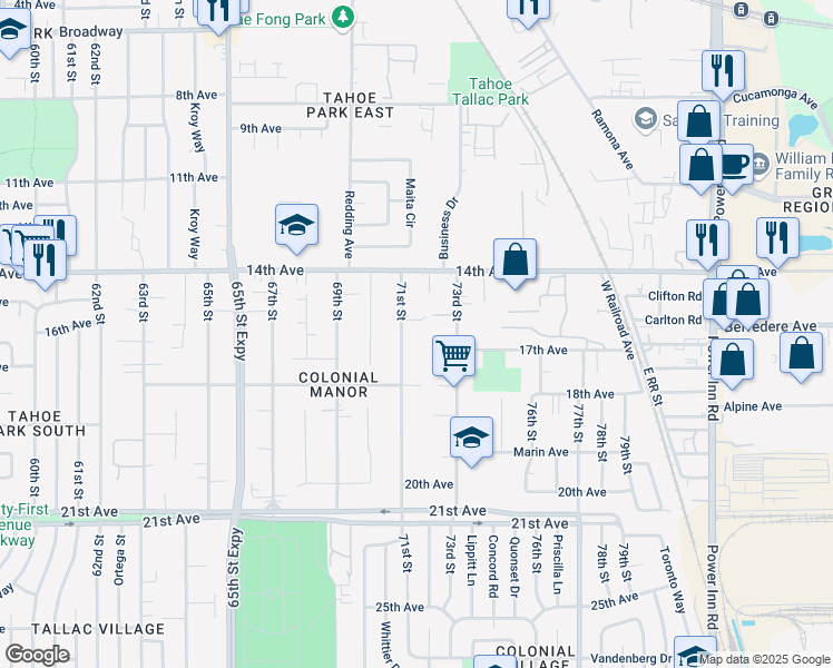 map of restaurants, bars, coffee shops, grocery stores, and more near 4011 71st Street in Sacramento