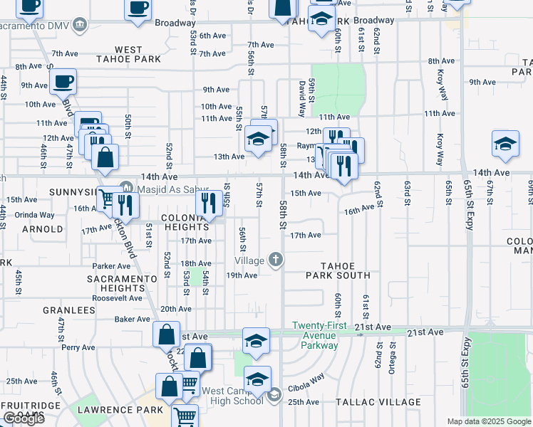 map of restaurants, bars, coffee shops, grocery stores, and more near 4015 57th Street in Sacramento