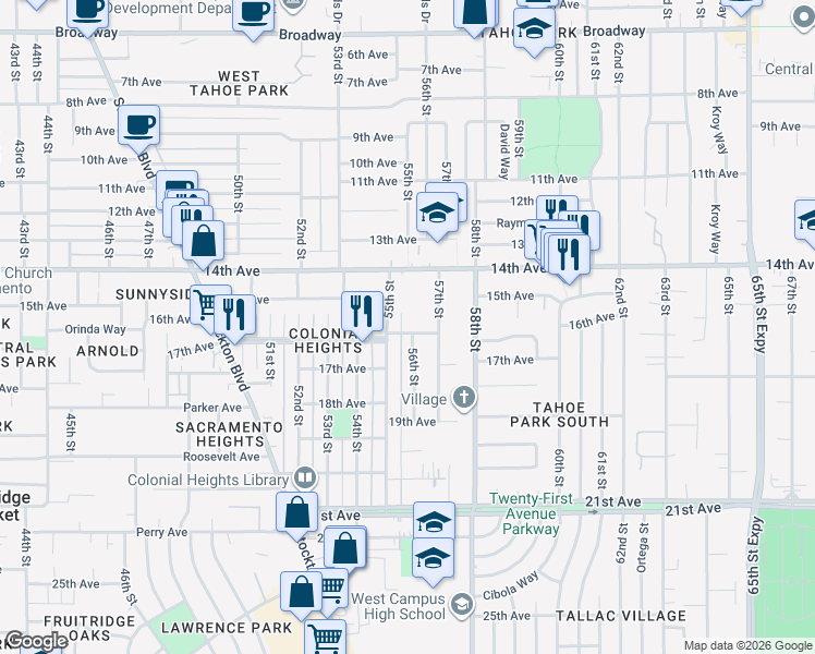 map of restaurants, bars, coffee shops, grocery stores, and more near 4021 55th Street in Sacramento