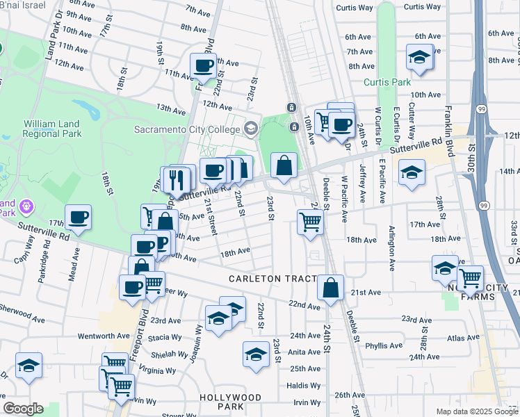 map of restaurants, bars, coffee shops, grocery stores, and more near 2213 15th Avenue in Sacramento